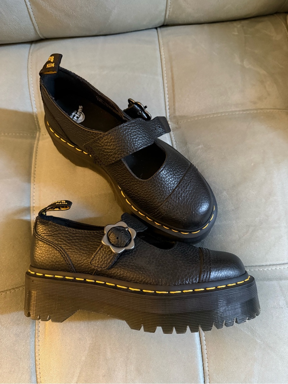 Dr. Martens Black Leather Platform Mary Jane Shoes with Yellow Stitching